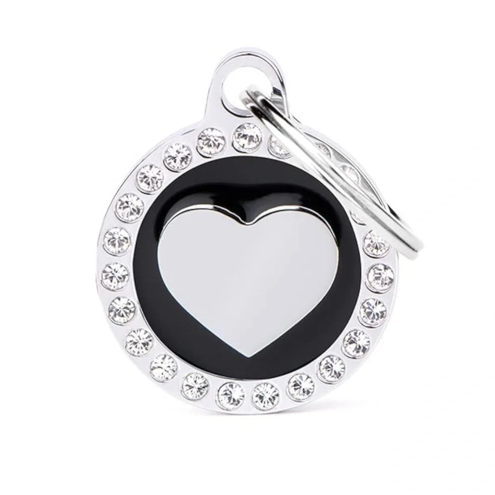 NWT My Family Custom Glam Black Heart Swarovski Crystal Engravable Pet Dog Tag